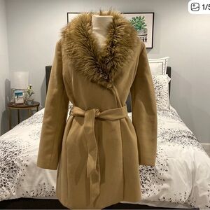 Maternity Camel Teddy Jacket with Faux Fur Collar